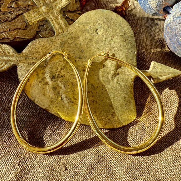 Gold Vermeil Sterling Silver Long Hoop Pierced Earrings - Picture 1 of 6
